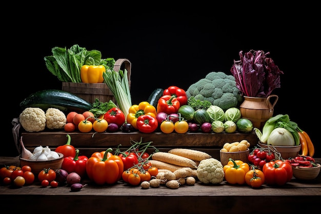 Una variedad de verduras frescas sobre un fondo oscuro