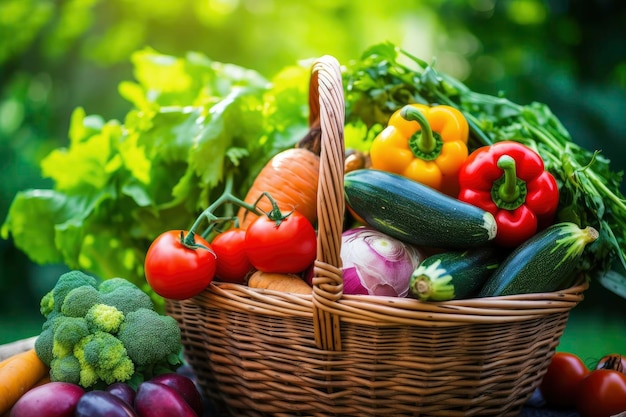 Variedad de verduras y frutas orgánicas frescas en el jardín.