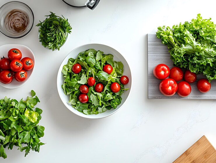 La variedad de verduras para hacer ensalada consiste en tomates, lechuga y hojas de albahaca