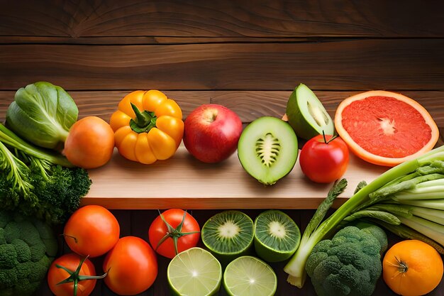 una variedad de verduras, incluidos el brócoli, el melón y los tomates, se exhiben en una mesa de madera.