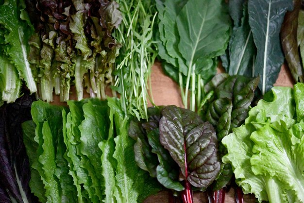 Una variedad de verduras se muestran en una superficie de madera.