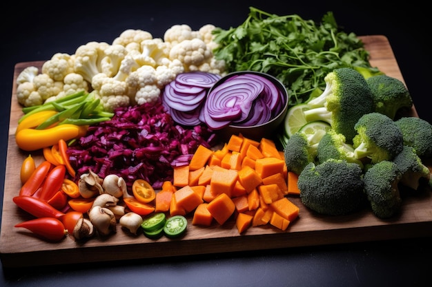 Variedad de verduras picadas a bordo.