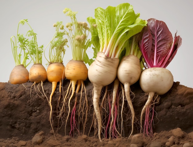 Variedad de verduras de raíz con hojas vibrantes en sección transversal del suelo