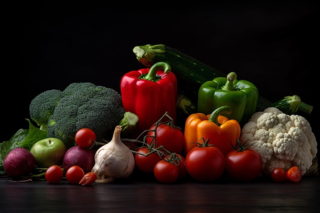 Variedad de verduras sabrosas frescas sobre fondo oscuro