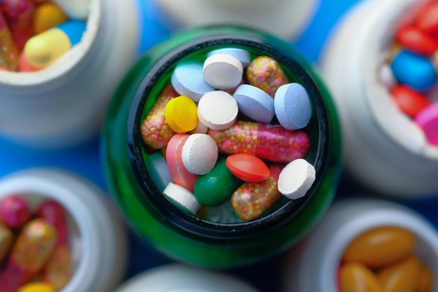 Una variedad vibrante y colorida de varias pastillas y cápsulas expuestas en botellas