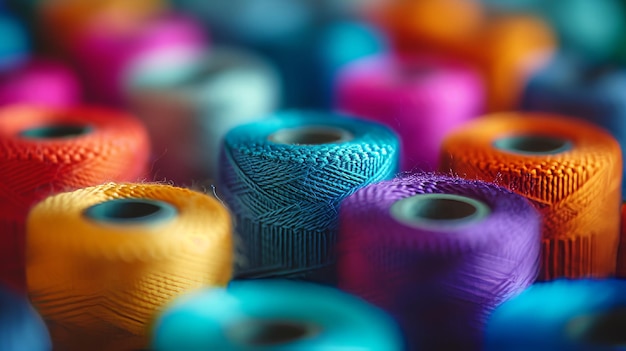 Foto una variedad vibrante de hilos de algodón de colores sobre un fondo de tela textil a medida con textura
