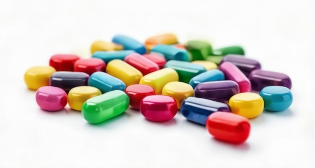 Una variedad vibrante de pastillas de colores sobre un fondo blanco