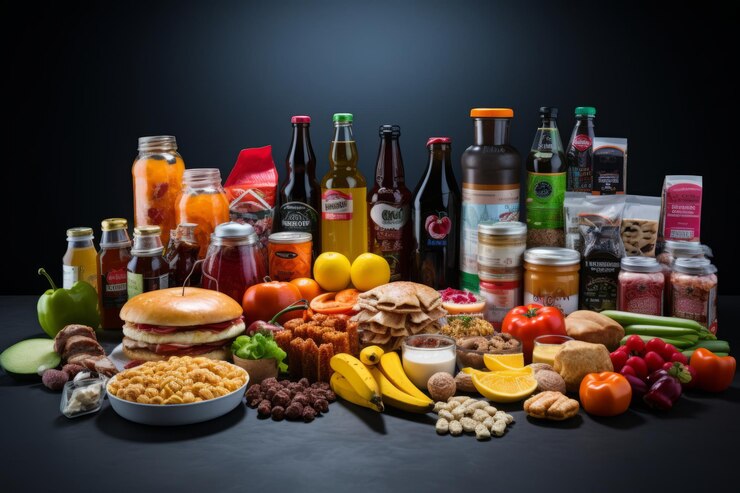 Foto una variedad vibrante de productos alimenticios que aparecen sobre un fondo gris fresco