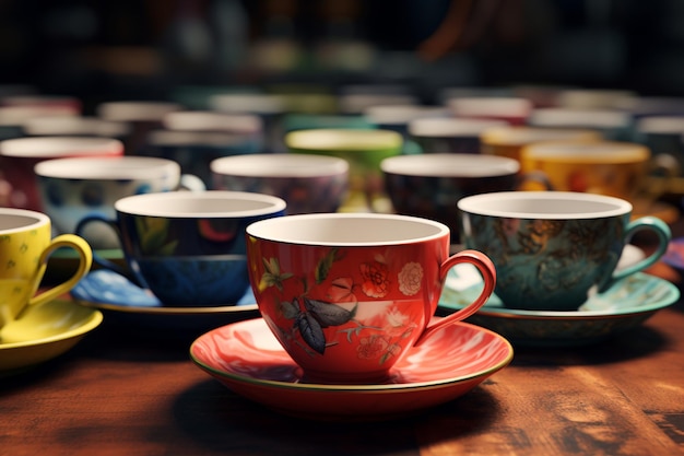 Una variedad de vibrantes tazas de té de cerámica, cada una con el número 00553 01