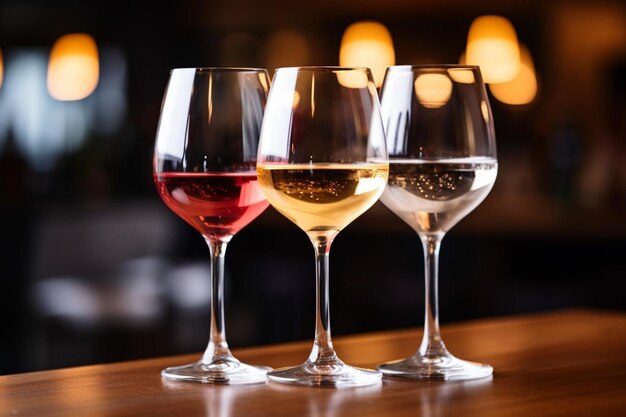 variedad de vinos rojo blanco vino de rosa en vasos y botellas en la mesa de fondo gris tienda de bar de vinos