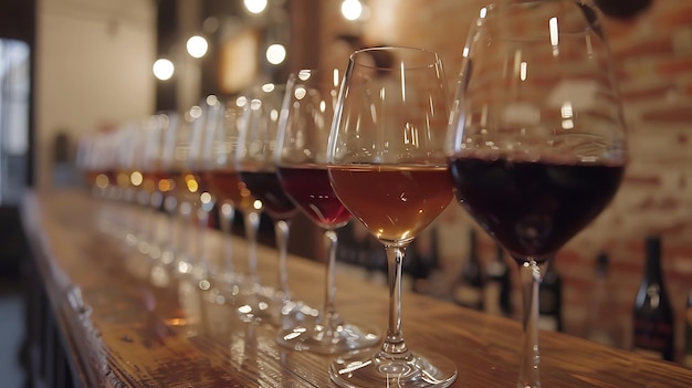 Una variedad de vinos rojos y blancos están dispuestos en una fila en una barra de madera