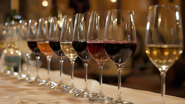 Una variedad de vinos rojos y blancos están dispuestos en fila sobre una superficie blanca
