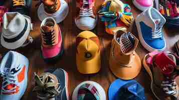 Foto una variedad de zapatos y sombreros están dispuestos en una superficie de madera los zapatos son en su mayoría zapatillas de deporte con algunas botas y sandalias