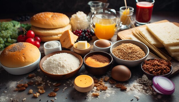 Foto variedade arrafada de alimentos em uma mesa com pão generativo ai