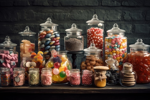 Variedade colorida de doces e outros doces em exibição em potes de vidro criados com IA generativa