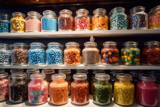 Variedade colorida de doces e outros doces em exposição em potes de vidro