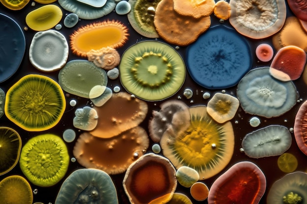 Variedade colorida de micro-organismo dentro da placa de Petri em laboratório Generative AI