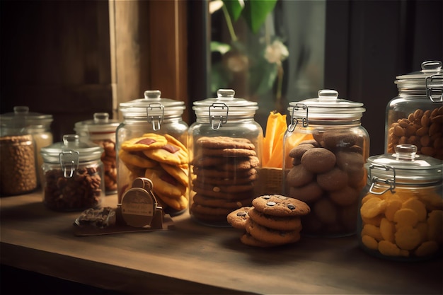 Variedade de biscoitos em potes de vidro sobre uma mesa de madeira