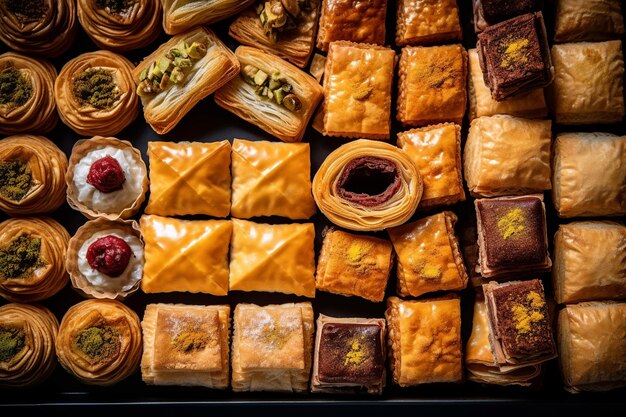 Variedade de bolos de baklava com ênfase em camadas intrincadas e deliciosos recheios de nozes