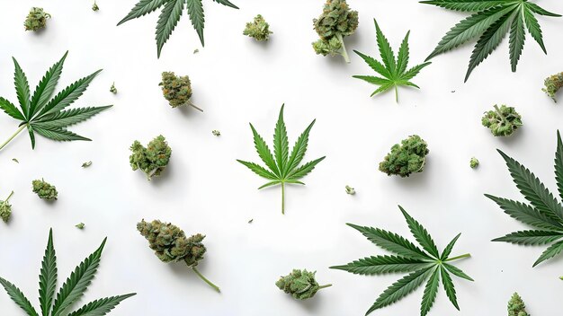 Variedade de botões e folhas de cannabis em fundo branco Conceito de botões de cannabis Cannabis folhas de fundo branco Variedades de cannabis