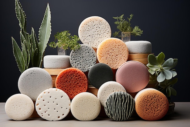 Variedade de buchas naturais e esponjas esfoliantes feitas de plantas colhidas de forma sustentável