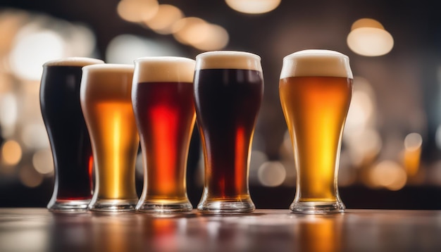 Variedade de cervejas artesanais seguidas no balcão do bar