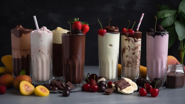 Variedade de copos de milkshake com frutas e chocolate