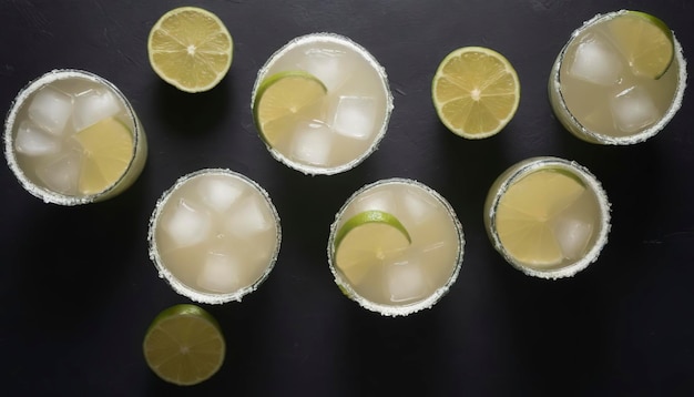 Variedade de coquetéis de margarita com borda salgada e limão em fundo escuro