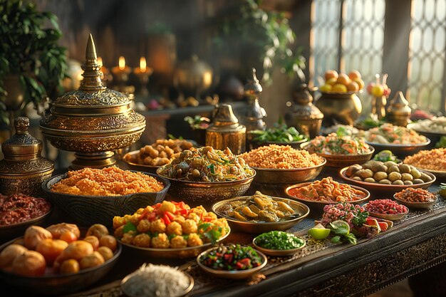 Variedade de decoração de comida asiática em uma mesa de madeira na cozinha oriental celebração do Ramadan Kareem