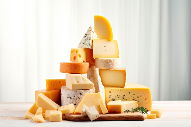 variedade de diferentes tipos de queijos empilhados na mesa de madeira branca