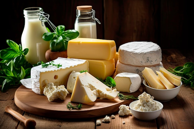variedade de diferentes tipos de queijos na mesa de madeira rústica
