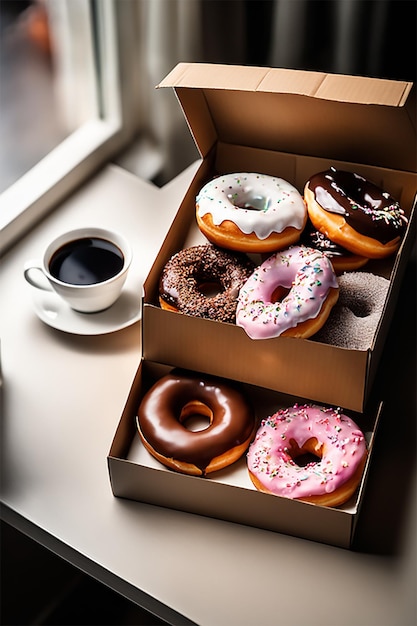 variedade de donuts deliciosos colocados em uma caixa sobre a mesa, há uma atmosfera matinal de caneca de café
