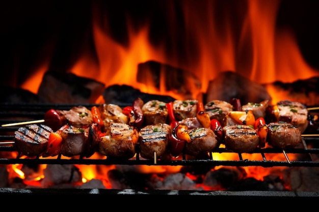 Variedade de espetos de churrasco kebabs de carne com legumes em grelha de chama quente