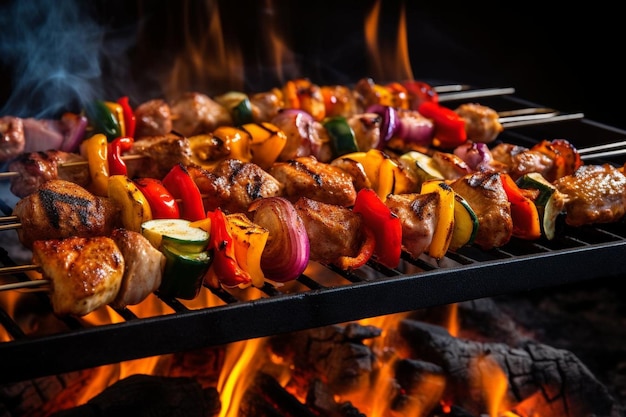 Variedade de espetos de churrasco kebabs de carne com legumes em grelha de chama quente