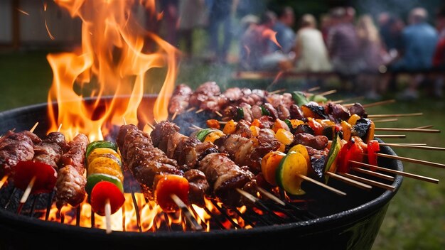 Variedade de espetos de churrasco kebabs de carne com vegetais em grelha de chama quente