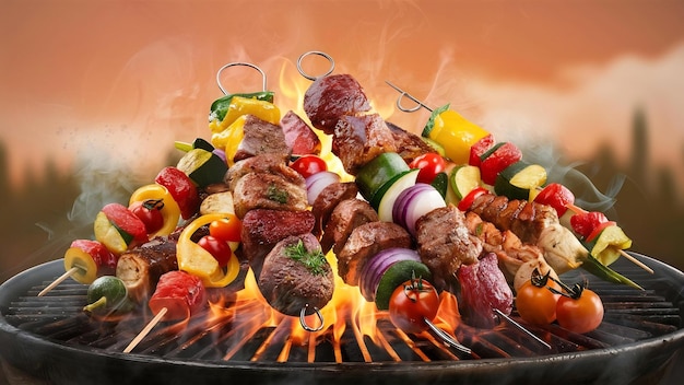 Variedade de espetos de churrasco kebabs de carne com vegetais em grelha de chama quente