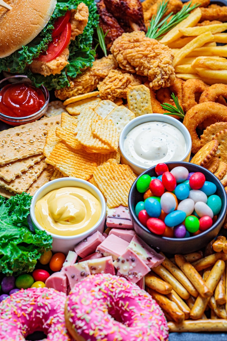 Foto variedade de fast food. conceito de junk food. alimentos não saudáveis para o coração, dentes, pele, corpo.