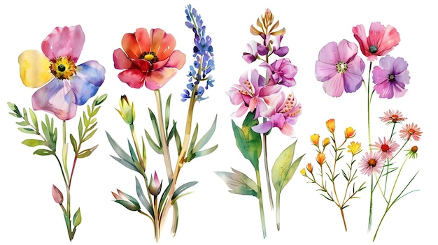 Variedade de flores de jardim aquareladas