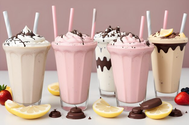 Foto variedade de fotos de copos de milk-shake com frutas e chocolate