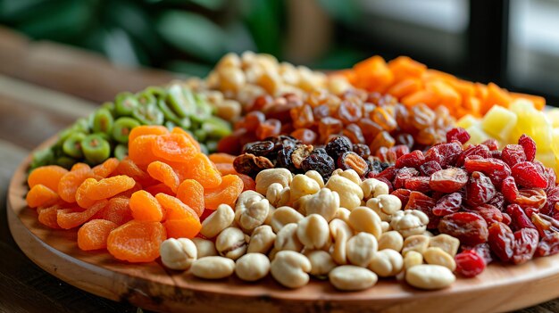 Variedade de frutas secas em uma bandeja de madeira