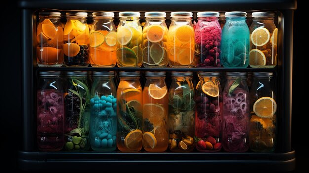 Variedade de garrafas de refrigerante coloridas na geladeiragenerativa ai