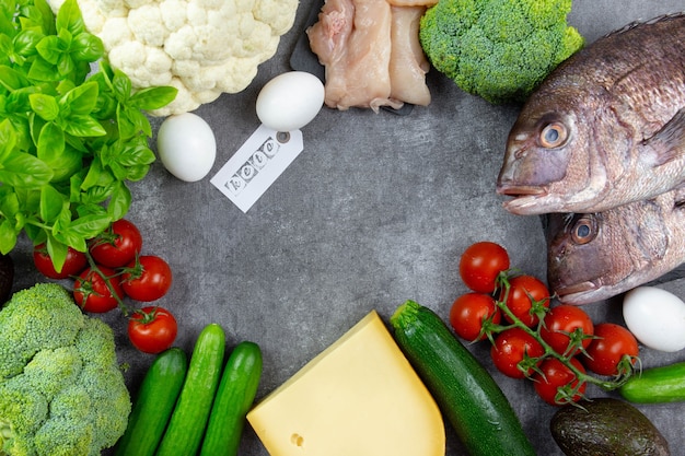 Foto variedade de ingredientes alimentares cetogênicos saudáveis com baixo teor de carboidratos para cozinhar com vegetais, carne, peixe, queijo e ovos.