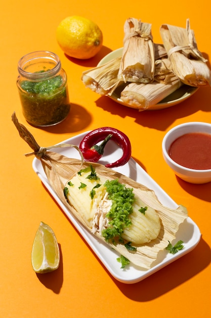 Foto variedade de ingredientes de tamales em uma mesa de laranja