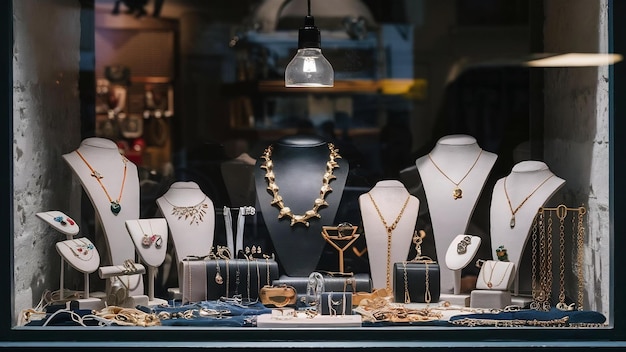 Variedade de jóias em vitrines anéis pulseiras brincos brincos e colares em estandes para venda