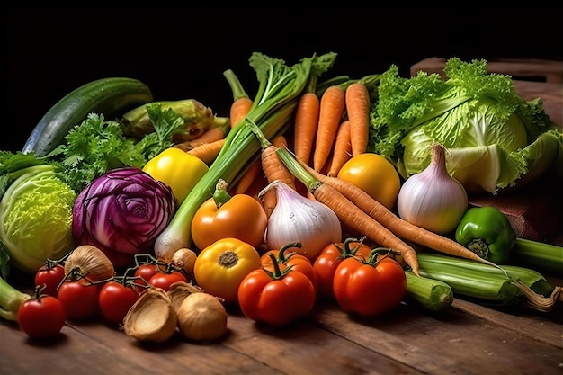 Variedade de legumes na mesa de madeira