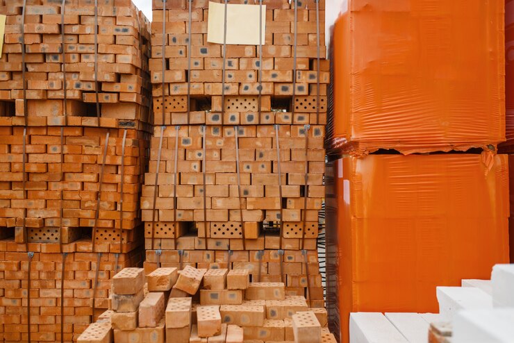Foto variedade de loja de ferragens, pacotes de tijolos vermelhos ao ar livre, ninguém. escolha de materiais de construção e ferramentas na loja de bricolage, linhas de produtos