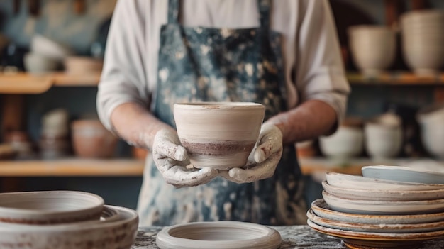 Variedade de panelas e vasos de barro artesanais exibidos em prateleiras de madeira rústicas artesanato