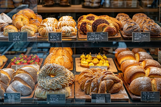 Variedade de pão assado e sobremesa em vitrine de vidro na padaria