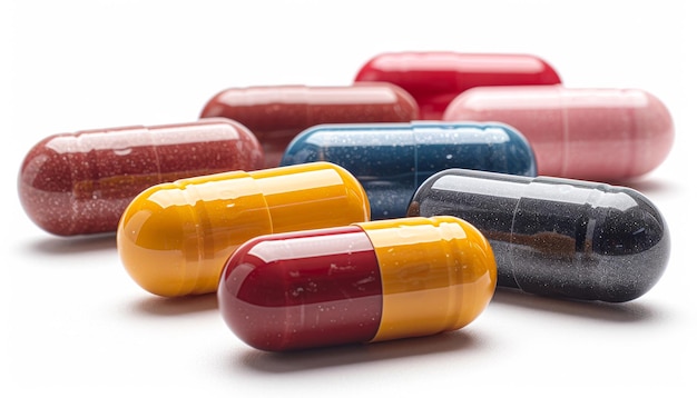 Variedade de pílulas coloridas Pílulas e comprimidos coloridos sobre um fundo branco