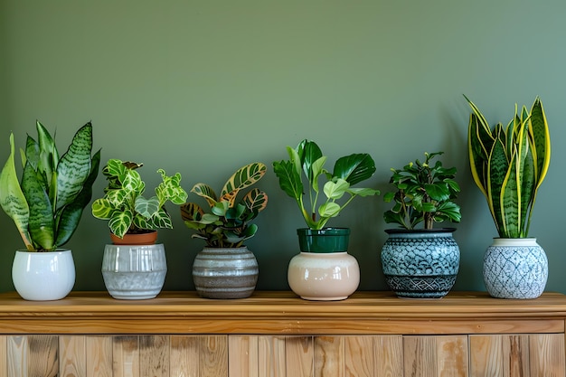 Variedade de plantas de casa em vasos em prateleira de madeira perto da parede verde